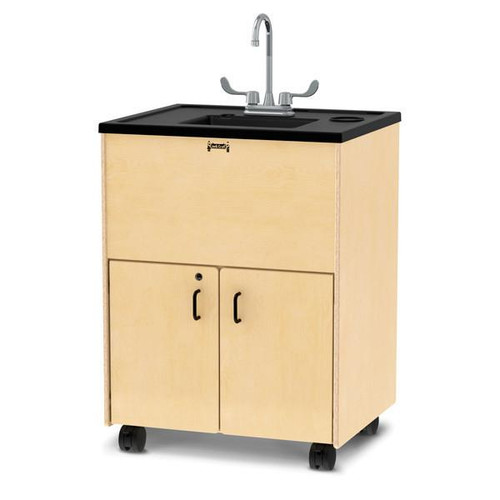 Jonti-Craft Clean Hands Helper Portable Sink - 38-inch Counter - Plastic Sink, a mobile handwashing station with a wooden base, black countertop, and a built-in sink with a faucet.