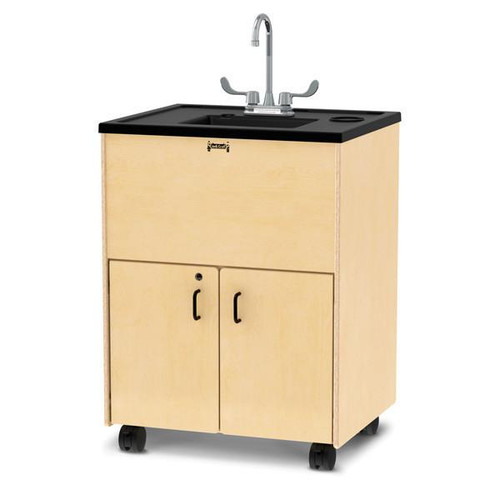 Jonti-Craft Clean Hands Helper Plastic Sink without Heater - 38-inch Counter, educational sink with wooden cabinet, black top, and metal faucet on wheels.