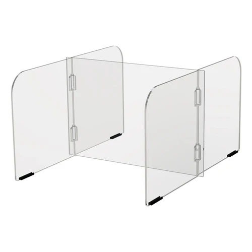 Angeles 4-Zone Sneeze Guard 60 x 30, clear acrylic sneeze guard with four zones, protective barriers with hinges and black rubber feet for stability.