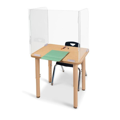 Jonti-Craft See-Thru Student Desktop Shield - 23.5" High, transparent protective barrier on a student desk with a chair and educational materials.