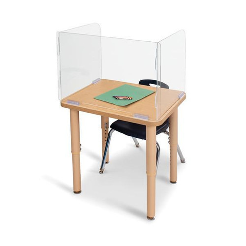 Jonti-Craft See-Thru Student Desktop Shield - 16.5" High, clear acrylic desk barrier on a wooden educational table with a chair underneath for safe student seating.