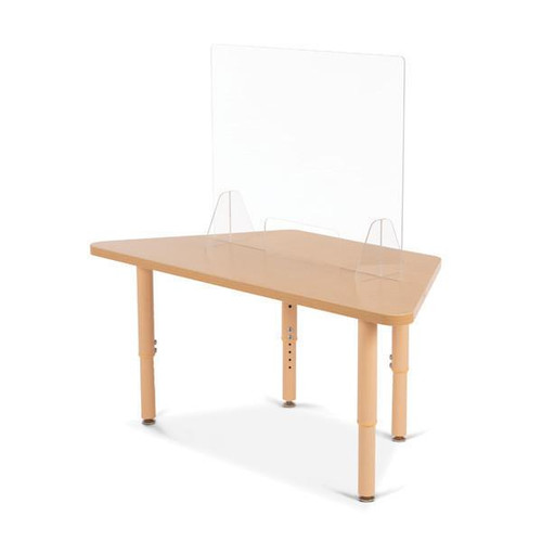 Jonti-Craft See-Thru Table Divider Shields - 2 Station with Opening, clear protective screen between two workstations on a wooden table with adjustable legs.