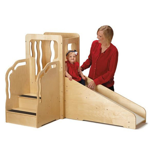 Jonti-Craft Mini Play Loft, wooden play structure with a slide and climbing stairs, suitable for children's indoor play and stimulation.