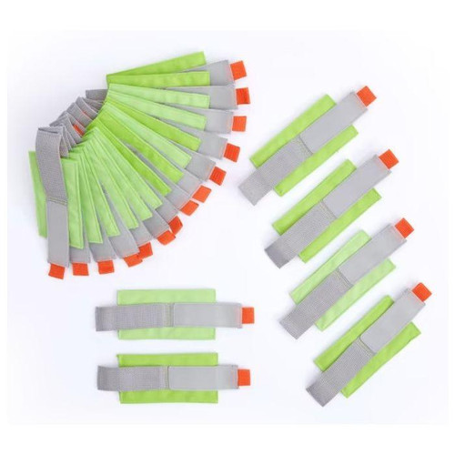 HABA Pro Velcro Wall Ball Track Loop Attachments, 20-Piece Set, colorful wall ball track attachments with Velcro loops and hooks in green, gray, and orange colors.