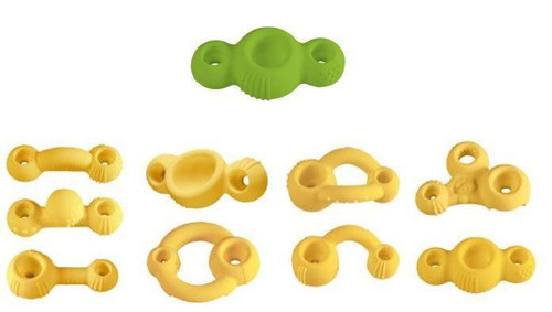 HABA Pro Climbing Grips 9-Piece Set, image showing nine yellow and green specialized climbing grip holds of various shapes and sizes for indoor rock climbing training.