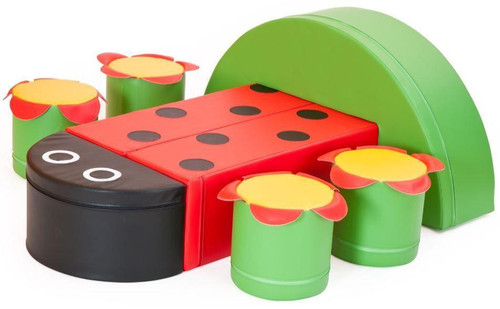 Novum Ladybug Soft Play Table & Seating Set, colorful soft foam ladybug-themed furniture with a ladybug-shaped table, seating stools with butterfly-shaped cushions, and a semi-circle green backdrop for children's play area.