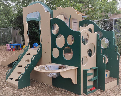 Strictly For Kids Deluxe Challenger 25 Wave Style Playground Structure, bright and natural color options, outdoor play equipment with slides, climbing wall, and activity panels for children.
