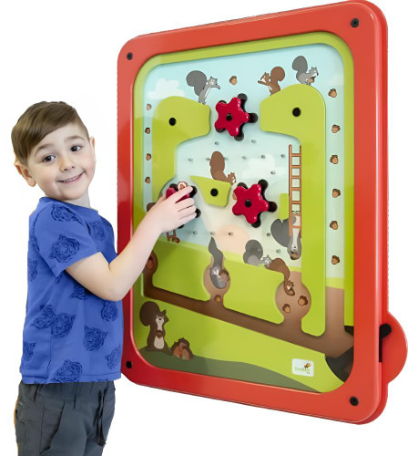 Playscapes Acorn Pinball Activity Wall Panel, colorful children’s interactive game with squirrel graphics and pinball features.