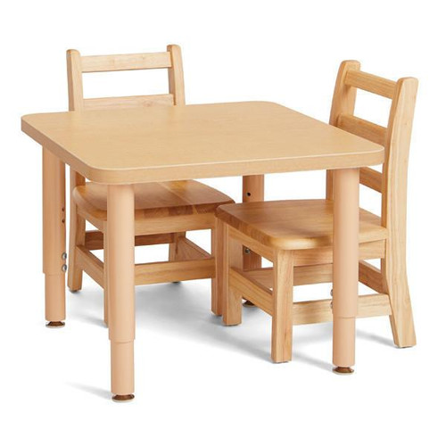 Jonti-Craft Purpose+ Square Table - 24" x 24", wooden kid's table with two matching chairs, light wood finish, sturdy design for classroom or playroom use.