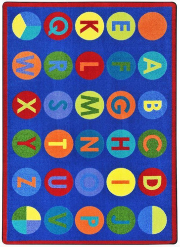 Playscapes Alpha Dots Primary Carpet, colorful children's educational rug featuring alphabet letters in bright circles on a blue background.