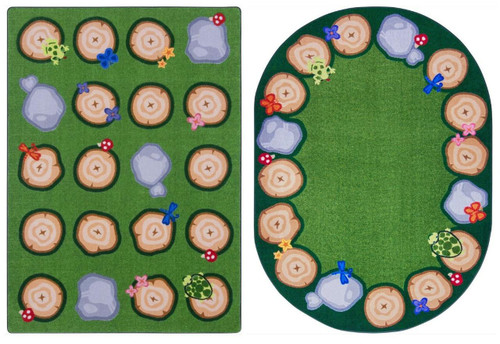 Playscapes Stumped Carpet, children's indoor playroom rug with tree stump and nature-themed design featuring logs, rocks, mushrooms, and insects.