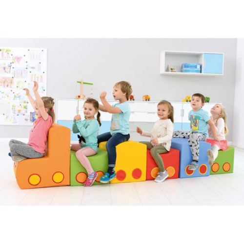 Rainbow Train Soft Foam Climber Set, colorful foam train with a smiling face, designed for children's play and climbing activities.