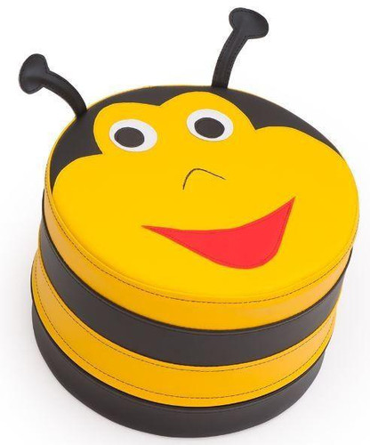 Moje Bambino Bumblebee Pouf, a yellow and black bee-shaped children's ottoman with a smiling face and two antennae.