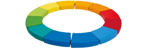Moje Bambino Four Seasons Pouf Set, colorful circular foam seats arranged in a rainbow order from green to red.