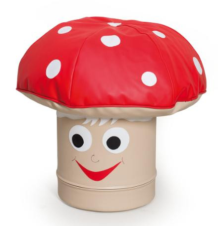 Novum Toadstool Soft Stool & Table for Kids, children's mushroom-shaped stool with a red and white polka dot mushroom cap and a smiling face on the base.