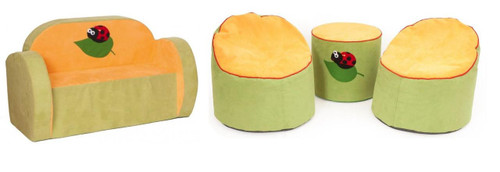 Novum Ladybug Seating Set 1, children's soft foam sofa and two matching stools with ladybug and leaf design.