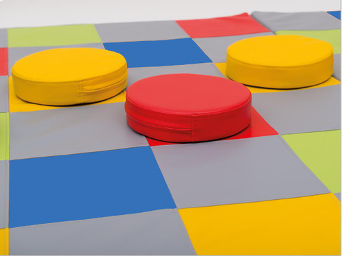 Novum Let's Play Colors Floor Game, colorful padded floor with red and yellow circular cushions for interactive children's play.