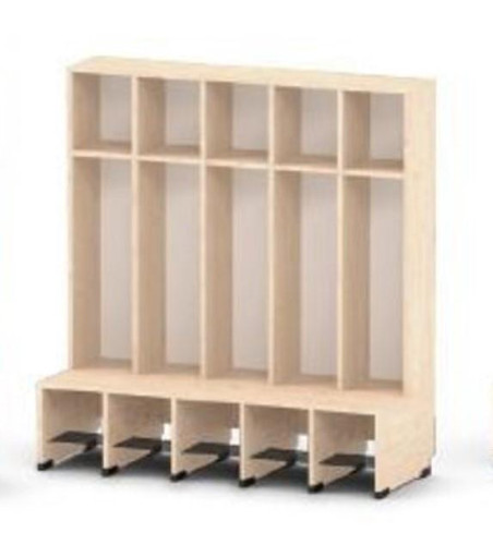 Moje Bambino Universal Cloakroom 5 Cubbies, wooden coat storage unit with five individual cubbies and four lower compartments with black feet, ideal for classrooms or communal spaces.