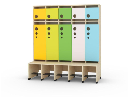 Moje Bambino Universal Cloakroom 5 Cubbies, colorful kids' locker storage unit with five compartments in yellow, green, white, blue, and yellow, featuring circular black handles and open cubby spaces at the bottom.