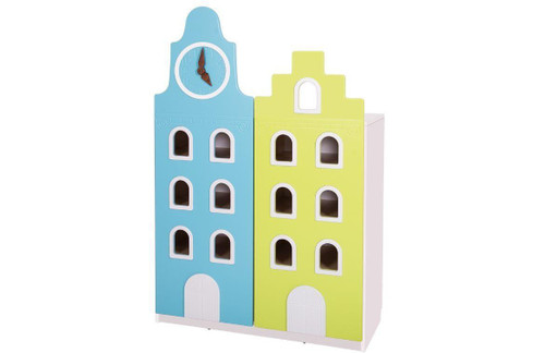 Moje Bambino Cityscape Double Cabinet, colorful children's storage unit designed to resemble city buildings with windows and clock features.