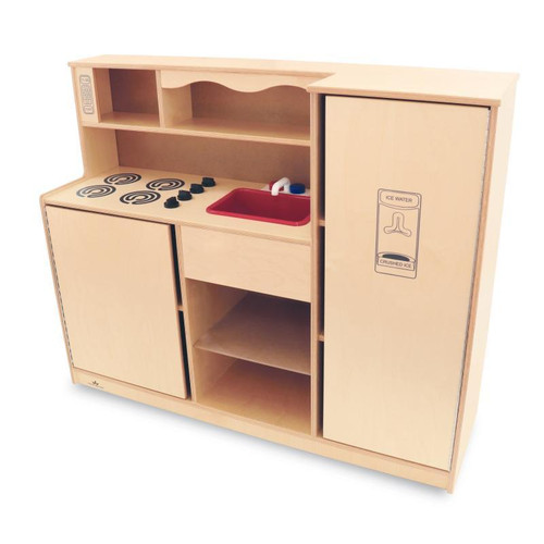 Whitney Brothers Preschool Toy Kitchen Combo, wooden play kitchen with stove, sink, shelves, and refrigerator for kids' imaginative play.