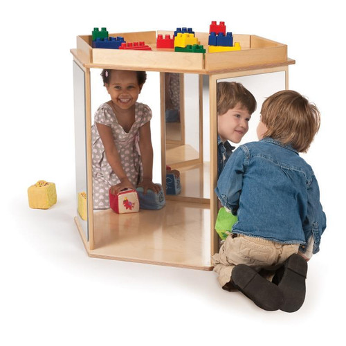 Whitney Brothers Hexagon Mirror Discovery Center, a wooden educational toy with a hexagon shape and a mirror, designed for children's imaginative play and discovery.