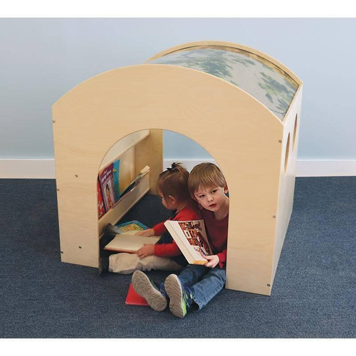 Whitney Brothers Nature Reading Haven, a wooden children's reading nook with a curved, nature-themed roof and open side for reading and exploration.