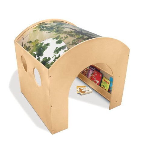 Whitney Brothers Nature Reading Haven, child-friendly wooden bookshelf with a nature-themed curved cover and circular window cutouts for a cozy reading space.