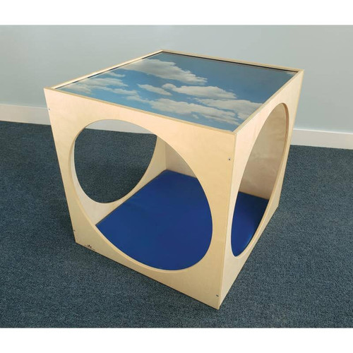 Whitney Brothers Acrylic Top Playhouse Cube With Floor Mat Set, child-friendly wooden playhouse with a sky-themed acrylic top and a blue floor mat, designed for imaginative play in a child's room or daycare.