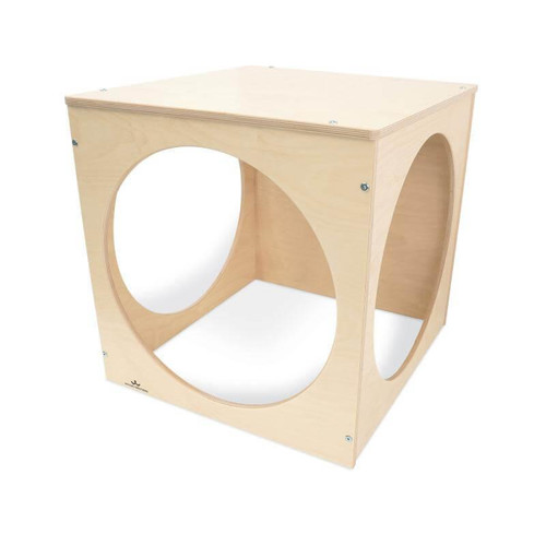 Whitney Brothers Toddler Playhouse Cube, wooden toddler playhouse with circular cutouts on sides designed for children's play and entertainment.