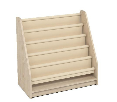 Moje Bambino Bookcase w/Fabric Partitions, a children's wooden book storage unit with multiple fabric partition panels for organizing books and toys.