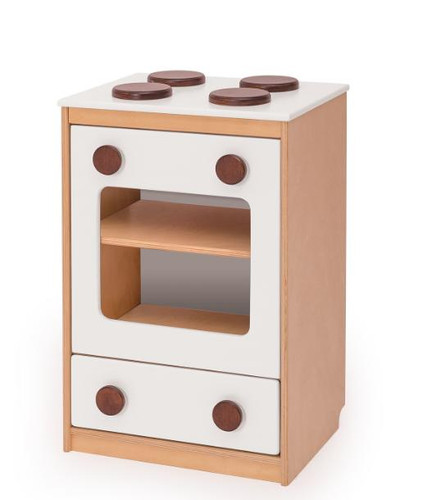 Moje Bambino Wooden Play Kitchen Stove & Oven Combo, children's toy kitchen with a white top, wooden sides, and white drawers featuring brown knobs, realistic stovetop with four burners, and an oven with a transparent door for kids' imaginative play.