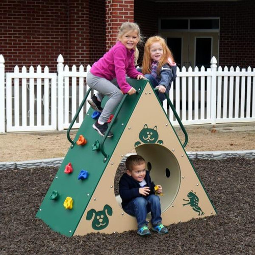Infinity Playgrounds Climbing Wall With Tunnel, children playing on a pyramid-shaped climbing structure with a tunnel and rock climbing holds outdoors.