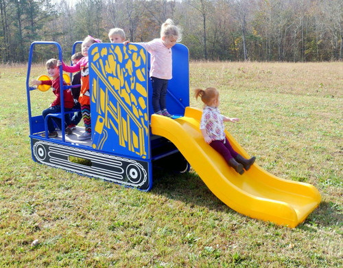 Infinity Playgrounds Lil Dumpy Toddler Slide, children playing on a bright yellow slide attached to a blue vehicle-themed playground structure outdoors.