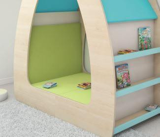 Moje Bambino Reading Oasis Library with Shelves, children's reading nook with built-in shelves filled with books and a cozy seating area.