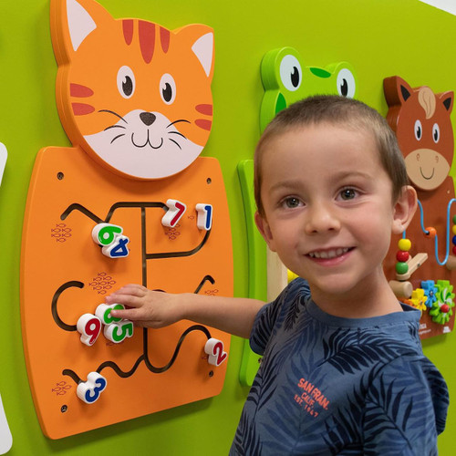 SPARK & WOW Counting Cat Activity Wall Panel Toy, colorful interactive wall panel with numbered beads and shaped cat face for kids' educational play.