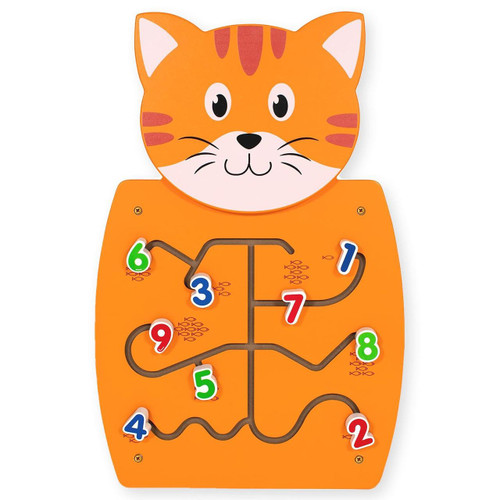 SPARK & WOW Counting Cat Activity Wall Panel Toy, orange cat-shaped interactive activity panel with numbered fish-shaped pieces and a maze for engaging and stimulating pet play