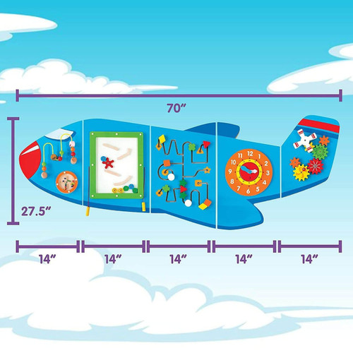SPARK & WOW Airplane 6-Activity Sensory Wall Panel, set of interactive sensory activities on a blue airplane-shaped wall panel with scales and educational tools.