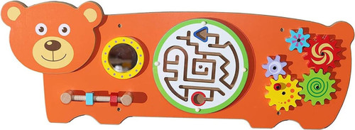 SPARK & WOW Bear 4-Activity Sensory Wall Panel, colorful interactive sensory activity toy designed for children, featuring gears, maze, mirror, and tactile elements.