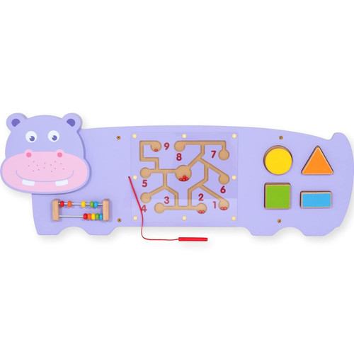 SPARK & WOW Hippo 3-Activity Sensory Wall Panel, colorful sensory toy wall panel featuring a hippo face with three interactive activities including a maze, shape sorter, and abacus.