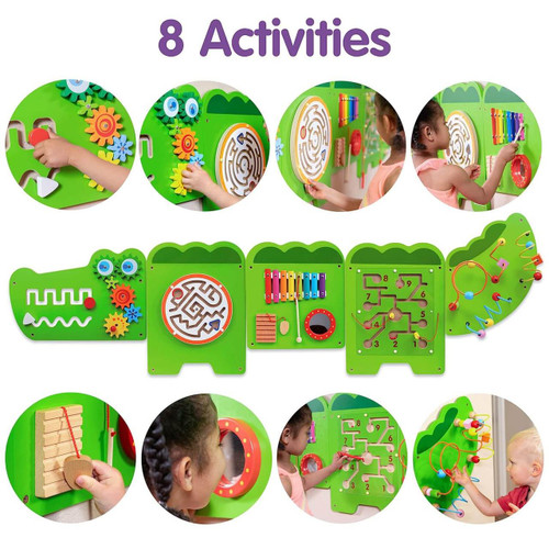 SPARK & WOW Crocodile 5-Activity Sensory Wall Panel, a bright green interactive wall with various activity sections including gears, mazes, puzzles, and bead mazes designed for children's sensory play and development.