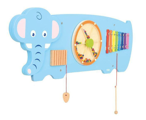 SPARK & WOW Elephant 3-Activity Sensory Wall Panel, colorful wooden sensory toy with an elephant-shaped blue background, featuring a clock with beads, wooden poles with colorful bars, and hanging pull cords for sensory play.