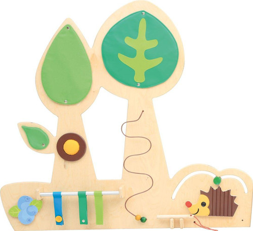 Moje Bambino Forest w/Hedgehog Sensory Activity Wall Panel, wooden sensory activity wall panel with tree and hedge modifications, includes colorful leaves, a small blue bird, a hedgehog figure, and interactive elements for sensory play.