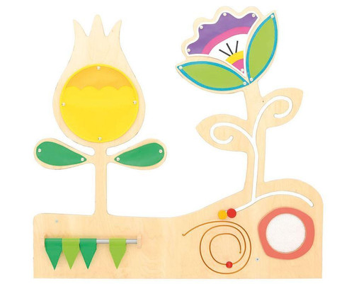 Moje Bambino Meadow Sensory Wall Panel, colorful wooden sensory wall decor featuring flower and leaf shapes with tactile elements and vibrant colors.