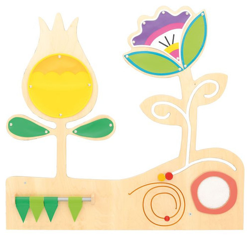 Moje Bambino Meadow Sensory Wall Panel, colorful wooden children's sensory activity panel with flower design, spinning elements, and textured features.