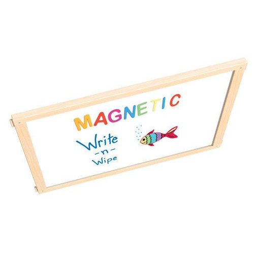 Jonti-Craft Magnetic Write-n-Wipe Classroom Divider Panel - KYDZ Suite® A-height - 36" Wide, wooden framed magnetic whiteboard with colorful magnetic letters spelling 'MAGNETIC' and a cartoon fish illustration.