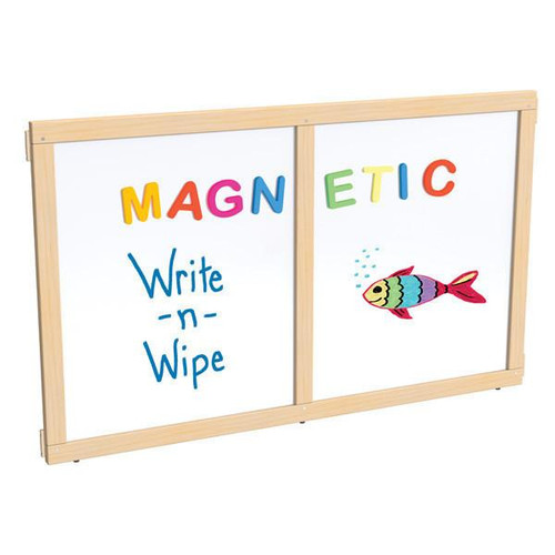 Jonti-Craft Magnetic Write-n-Wipe Classroom Divider Panel - KYDZ Suite® E-height - 48" Wide, educational classroom divider with magnetic whiteboard surface displaying colorful magnetic letters spelling "MAGNETIC," handwritten words "Write n Wipe," and a decorative fish illustration.