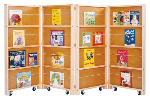 Jonti-Craft Mobile Library Bookcase - 4 Sections, wooden book storage unit with four sections and wheels, holding children's books.