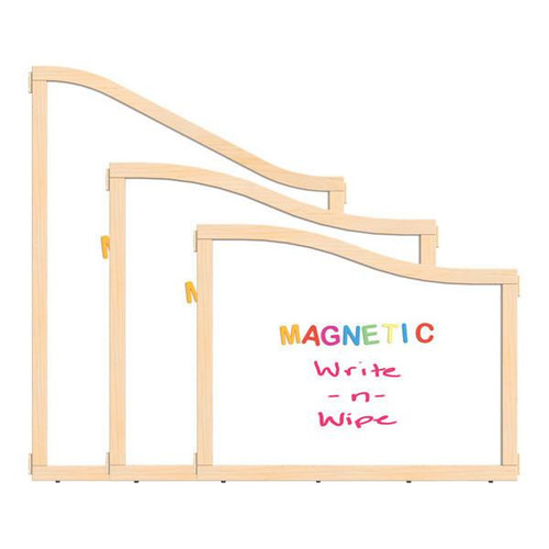 Jonti-Craft Magnetic Write-n-Wipe Cascade Classroom Divider Panel  - KYDZ Suite® - 36" Wide, wooden magnetic whiteboard panels with curved top edges and colorful magnetic letters spelling 'MAGNETIC Write-n-Wipe'.