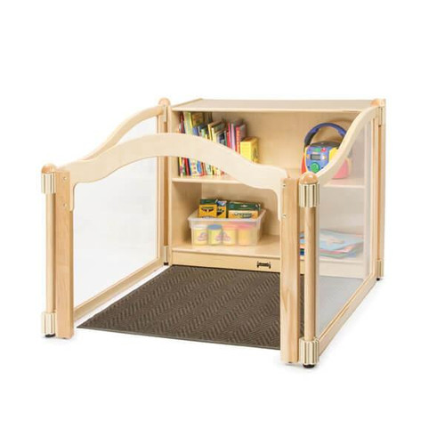 Jonti-Craft Imagination Reading Nook with Storage, wooden kids' play nook with bookshelf, storage compartments, and safety railings.